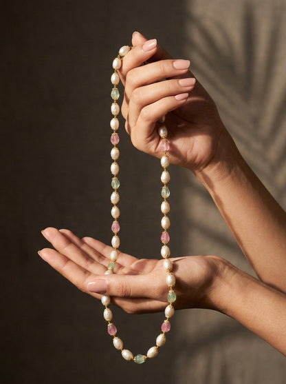 Pearl Beaded Necklace for Women, Pastel Pink Green Beads 24 inch Long Chain Necklace, Pearl Mala Necklace for Ethnic & Western Stylish Jewellery for Festive, Party, Wedding & Daily-02