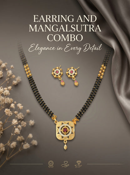 Gold-Toned Stone Studded Mangalsutra with Matching Earrings Combo Set