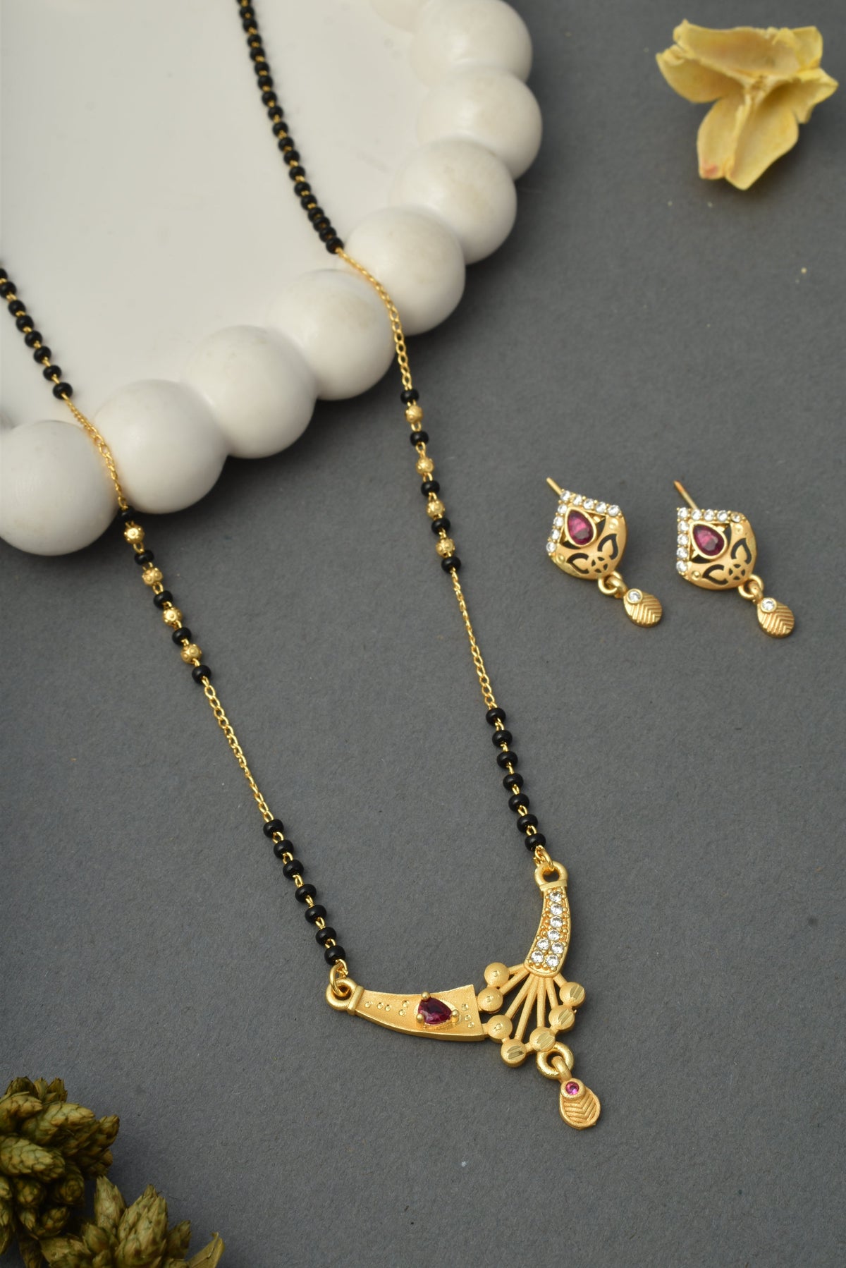 Gold-Toned Stone Studded Mangalsutra with Matching Earrings Combo Set