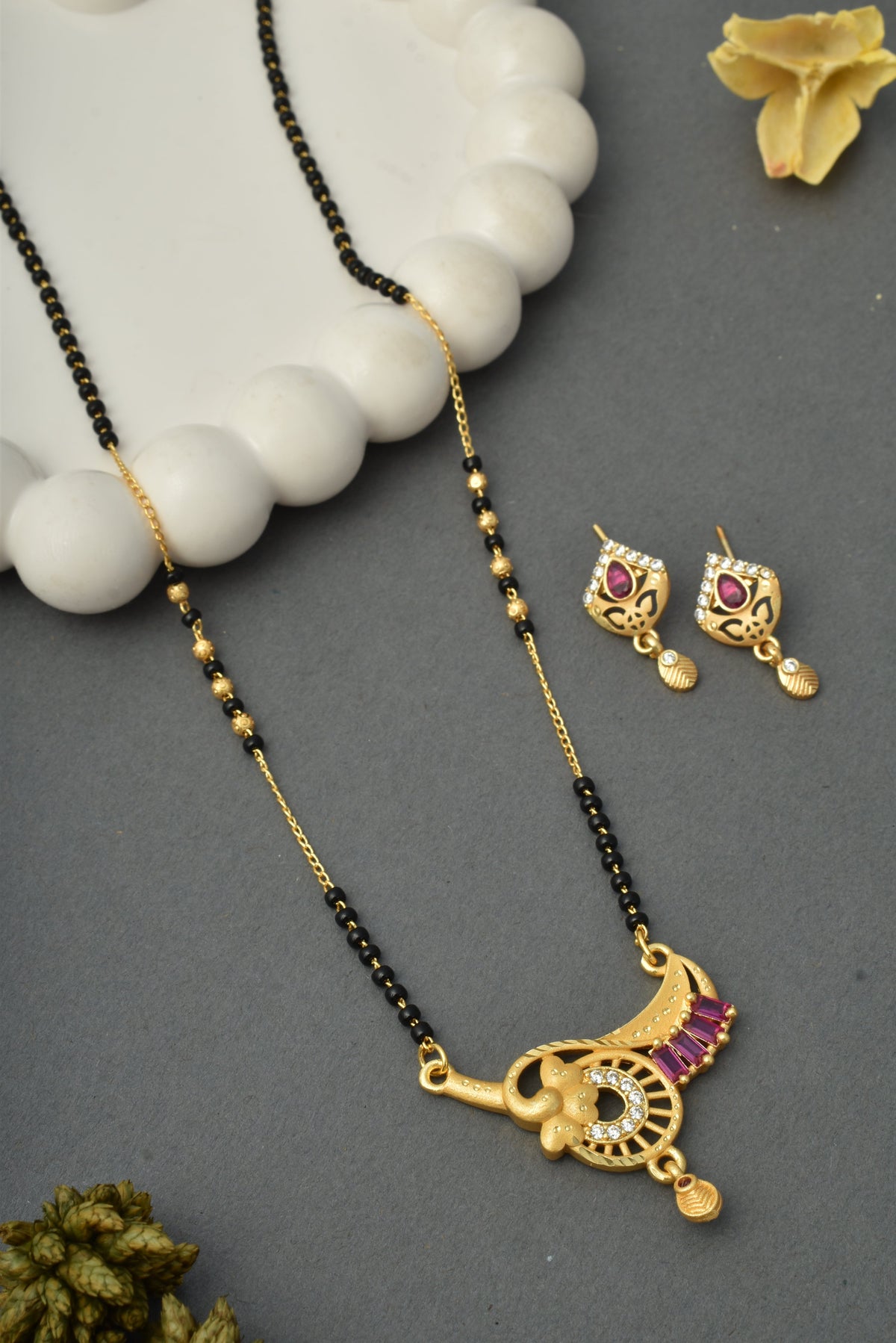 Gold-Toned Stone Studded Mangalsutra with Matching Earrings Combo Set