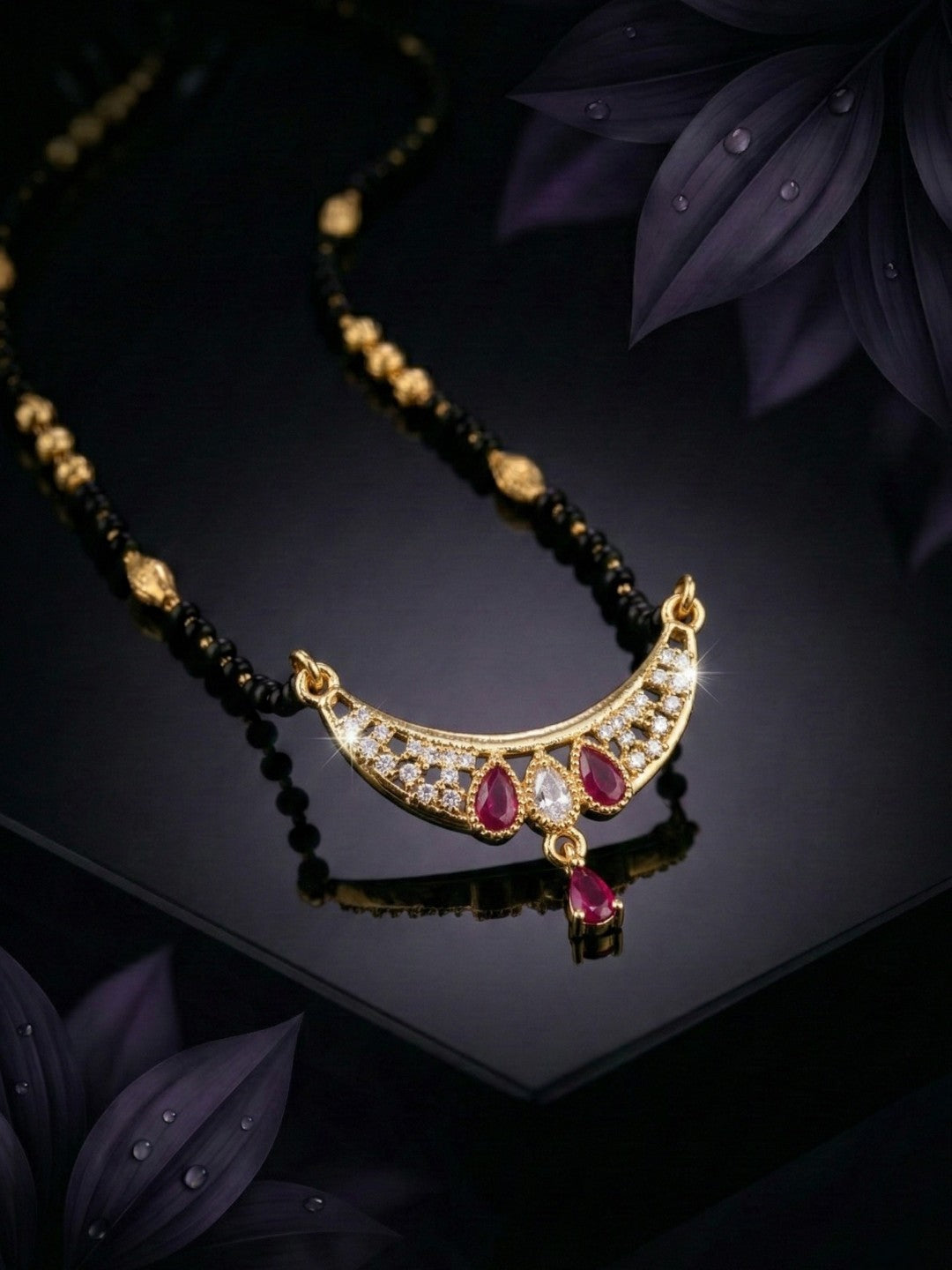 Traditional Gold-Toned Black Beaded Stylish Mangalsutra for Women Studded with Sparkling AD and Ruby Red Stones, Perfect for Daily and Office Ethnic Festive Jewellery Neckpiece-01