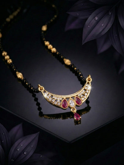 Traditional Gold-Toned Black Beaded Stylish Mangalsutra for Women Studded with Sparkling AD and Ruby Red Stones, Perfect for Daily and Office Ethnic Festive Jewellery Neckpiece-01