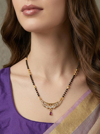 Traditional Gold-Toned Black Beaded Stylish Mangalsutra for Women Studded with Sparkling AD and Ruby Red Stones, Perfect for Daily and Office Ethnic Festive Jewellery Neckpiece-02