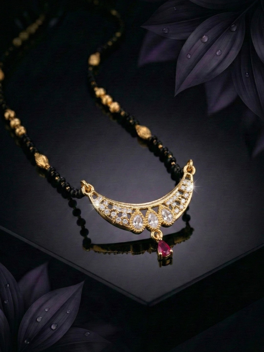 Traditional Gold-Toned Black Beaded Stylish Mangalsutra for Women Studded with Sparkling AD and Ruby Red Stones, Perfect for Daily and Office Ethnic Festive Jewellery Neckpiece-02