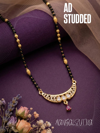 Traditional Gold-Toned Black Beaded Stylish Mangalsutra for Women Studded with Sparkling AD and Ruby Red Stones, Perfect for Daily and Office Ethnic Festive Jewellery Neckpiece-02
