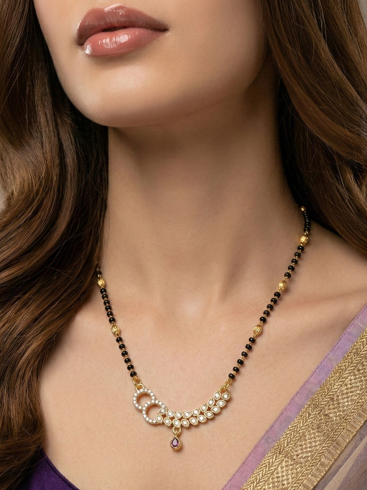 Traditional Gold-Toned Black Beaded Stylish Mangalsutra for Women Studded with Sparkling AD and Ruby Red Stones, Perfect for Daily and Office Ethnic Festive Jewellery Neckpiece-03
