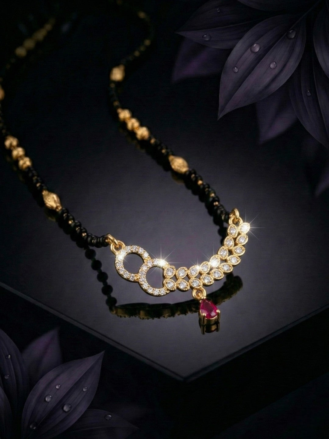 Traditional Gold-Toned Black Beaded Stylish Mangalsutra for Women Studded with Sparkling AD and Ruby Red Stones, Perfect for Daily and Office Ethnic Festive Jewellery Neckpiece-03