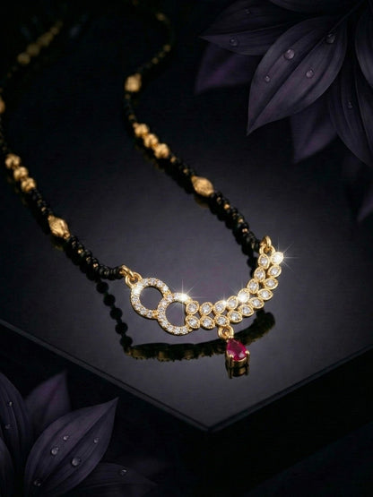 Traditional Gold-Toned Black Beaded Stylish Mangalsutra for Women Studded with Sparkling AD and Ruby Red Stones, Perfect for Daily and Office Ethnic Festive Jewellery Neckpiece-03