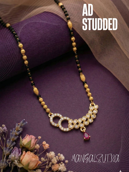 Traditional Gold-Toned Black Beaded Stylish Mangalsutra for Women Studded with Sparkling AD and Ruby Red Stones, Perfect for Daily and Office Ethnic Festive Jewellery Neckpiece-03