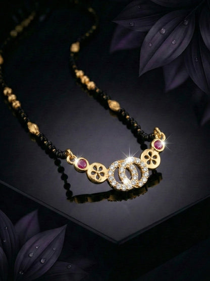 Traditional Gold-Toned Black Beaded Stylish Mangalsutra for Women Studded with Sparkling AD and Ruby Red Stones, Perfect for Daily and Office Ethnic Festive Jewellery Neckpiece-04