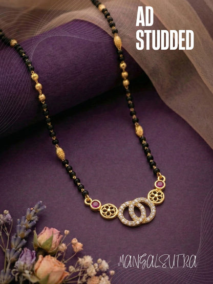 Traditional Gold-Toned Black Beaded Stylish Mangalsutra for Women Studded with Sparkling AD and Ruby Red Stones, Perfect for Daily and Office Ethnic Festive Jewellery Neckpiece-04