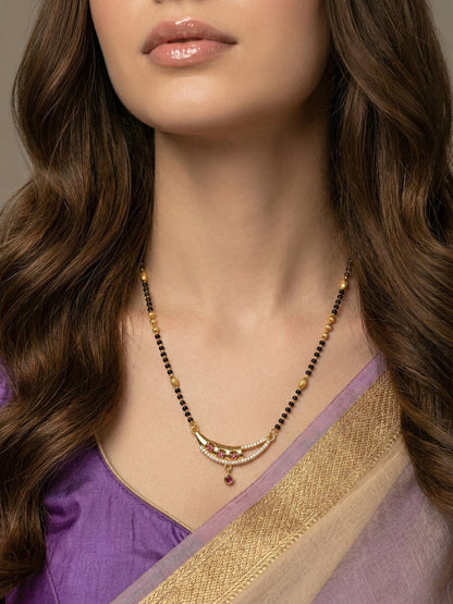 Traditional Gold-Toned Black Beaded Stylish Mangalsutra for Women Studded with Sparkling AD and Ruby Red Stones, Perfect for Daily and Office Ethnic Festive Jewellery Neckpiece-06