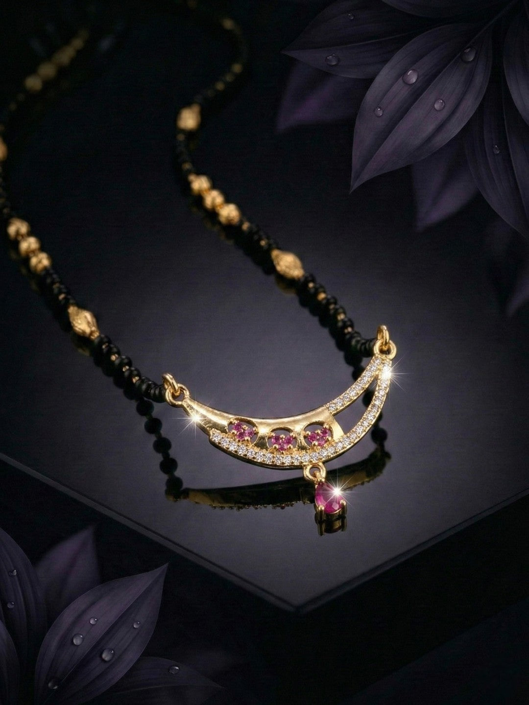 Traditional Gold-Toned Black Beaded Stylish Mangalsutra for Women Studded with Sparkling AD and Ruby Red Stones, Perfect for Daily and Office Ethnic Festive Jewellery Neckpiece-06