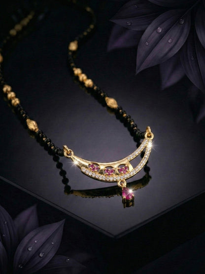 Traditional Gold-Toned Black Beaded Stylish Mangalsutra for Women Studded with Sparkling AD and Ruby Red Stones, Perfect for Daily and Office Ethnic Festive Jewellery Neckpiece-06