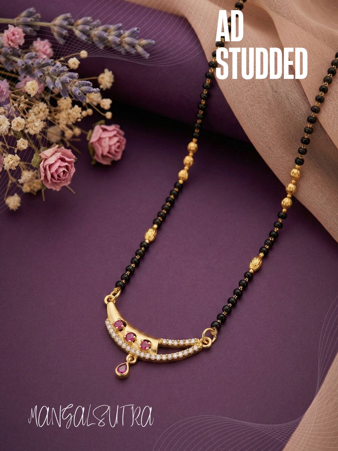 Traditional Gold-Toned Black Beaded Stylish Mangalsutra for Women Studded with Sparkling AD and Ruby Red Stones, Perfect for Daily and Office Ethnic Festive Jewellery Neckpiece-06