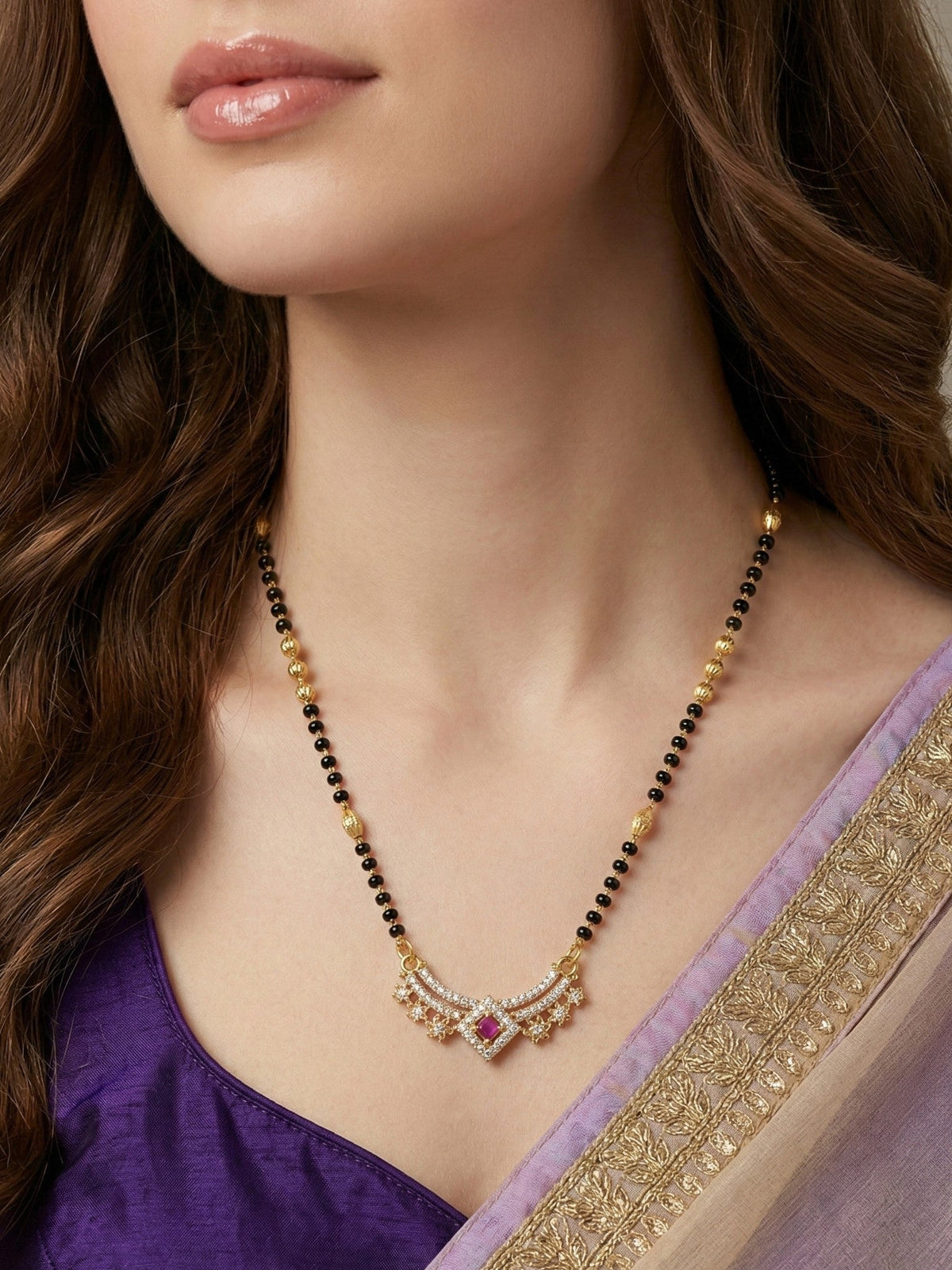 Traditional Gold-Toned Black Beaded Stylish Mangalsutra for Women Studded with Sparkling AD and Ruby Red Stones, Perfect for Daily and Office Ethnic Festive Jewellery Neckpiece-07