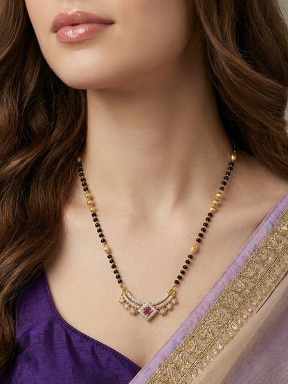 Traditional Gold-Toned Black Beaded Stylish Mangalsutra for Women Studded with Sparkling AD and Ruby Red Stones, Perfect for Daily and Office Ethnic Festive Jewellery Neckpiece-07