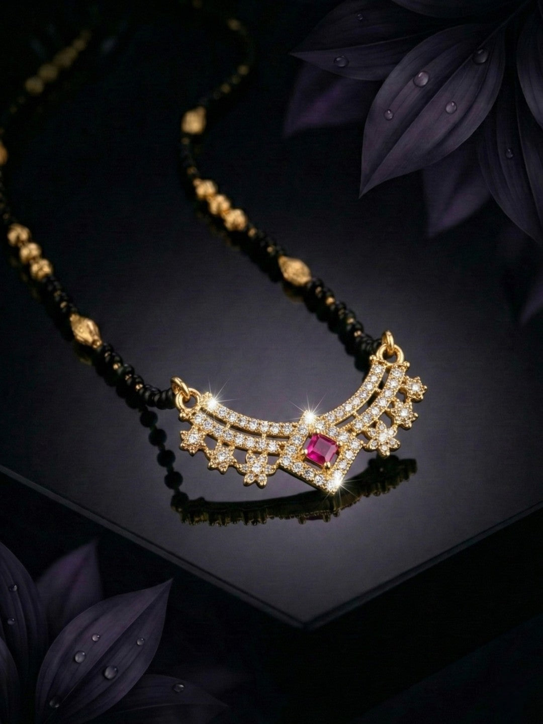Traditional Gold-Toned Black Beaded Stylish Mangalsutra for Women Studded with Sparkling AD and Ruby Red Stones, Perfect for Daily and Office Ethnic Festive Jewellery Neckpiece-07