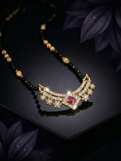 Traditional Gold-Toned Black Beaded Stylish Mangalsutra for Women Studded with Sparkling AD and Ruby Red Stones, Perfect for Daily and Office Ethnic Festive Jewellery Neckpiece-07