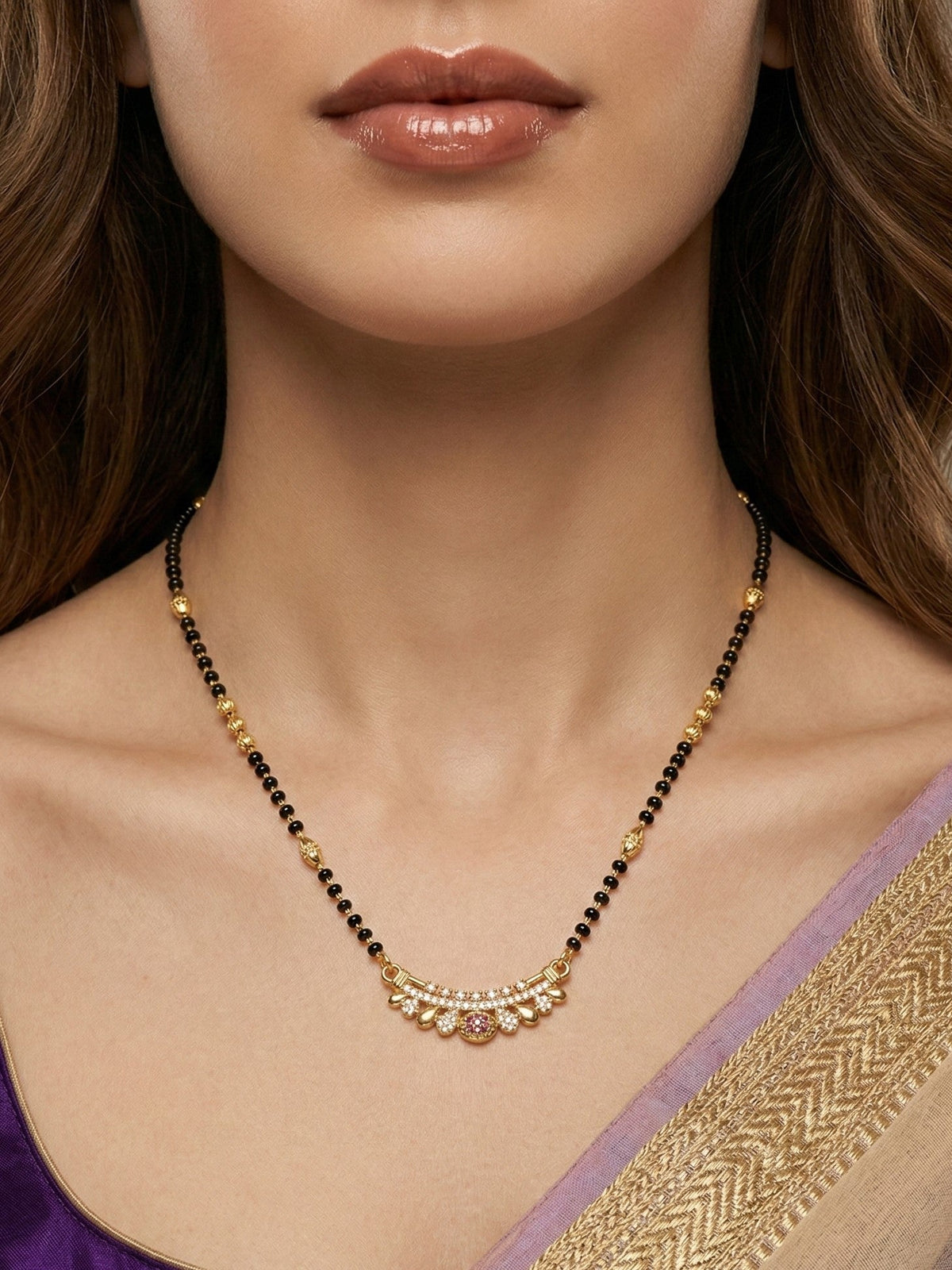 Traditional Gold-Toned Black Beaded Stylish Mangalsutra for Women Studded with Sparkling AD and Ruby Red Stones, Perfect for Daily and Office Ethnic Festive Jewellery Neckpiece-08