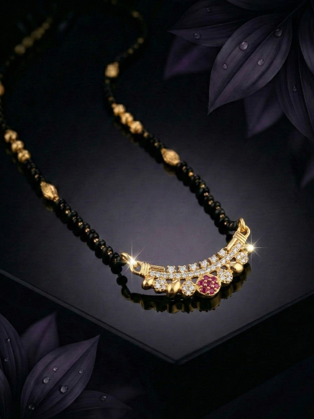 Traditional Gold-Toned Black Beaded Stylish Mangalsutra for Women Studded with Sparkling AD and Ruby Red Stones, Perfect for Daily and Office Ethnic Festive Jewellery Neckpiece-08