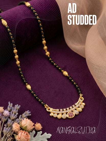Traditional Gold-Toned Black Beaded Stylish Mangalsutra for Women Studded with Sparkling AD and Ruby Red Stones, Perfect for Daily and Office Ethnic Festive Jewellery Neckpiece-08