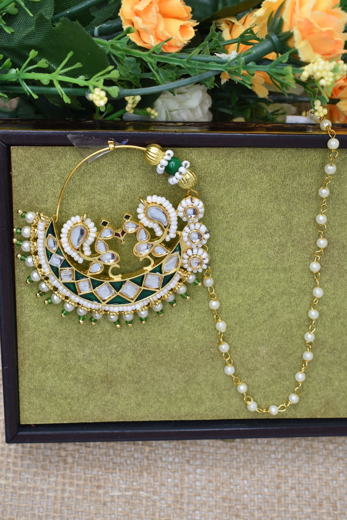Traditional Goldplated Heavy Designer Meenakari kundan stone perl studded Bridal Big royal rajwadi rajputi big nath with  chain