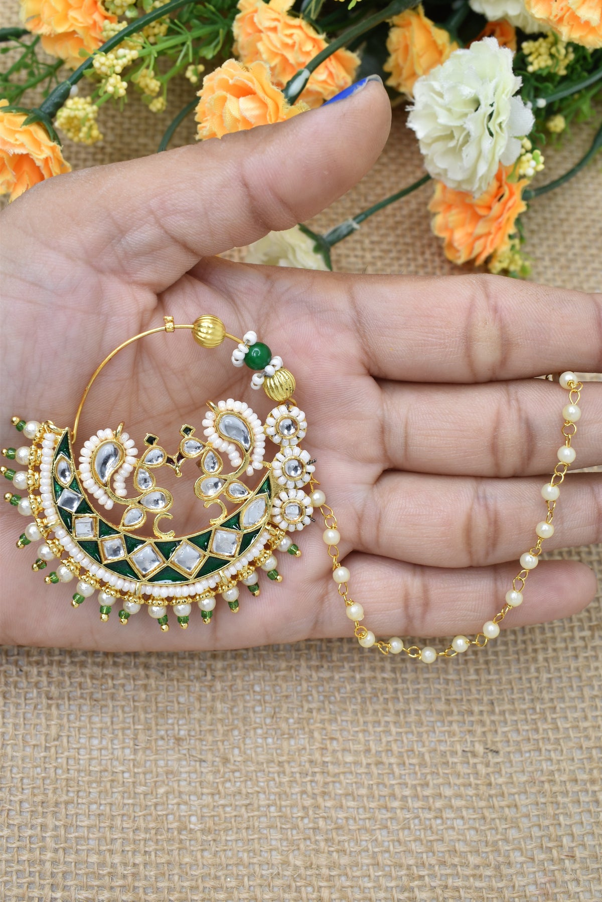 Traditional Goldplated Heavy Designer Meenakari kundan stone perl studded Bridal Big royal rajwadi rajputi big nath with  chain