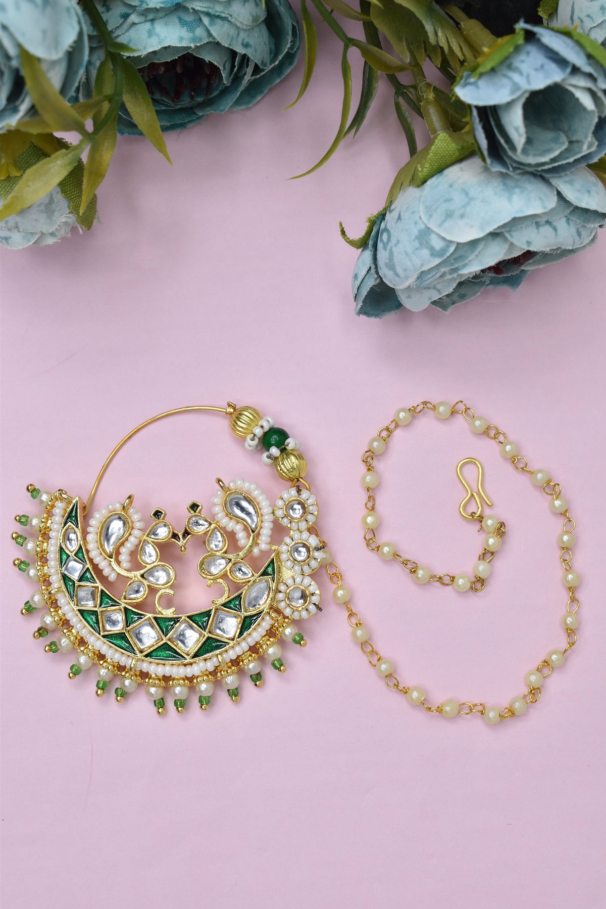 Traditional Goldplated Heavy Designer Meenakari kundan stone perl studded Bridal Big royal rajwadi rajputi big nath with  chain