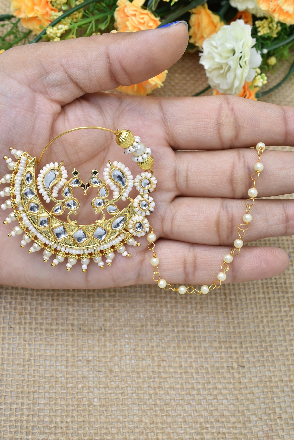 Traditional Goldplated Heavy Designer Meenakari kundan stone perl studded Bridal Big royal rajwadi rajputi big nath with  chain