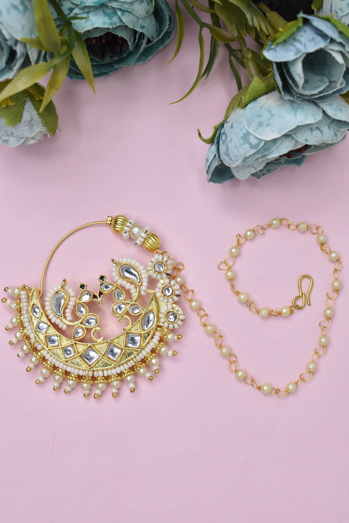 Traditional Goldplated Heavy Designer Meenakari kundan stone perl studded Bridal Big royal rajwadi rajputi big nath with  chain