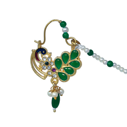 Fancy Green stone and pearl light weighted Ethnic Nath with long  chain for Women n girls