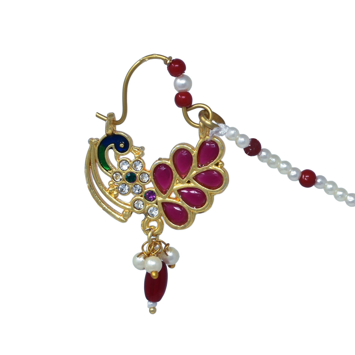 Ruby and AD work Golden Ethnic Nath with pear work chain for Women