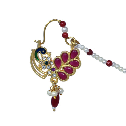 Ruby and AD work Golden Ethnic Nath with pear work chain for Women