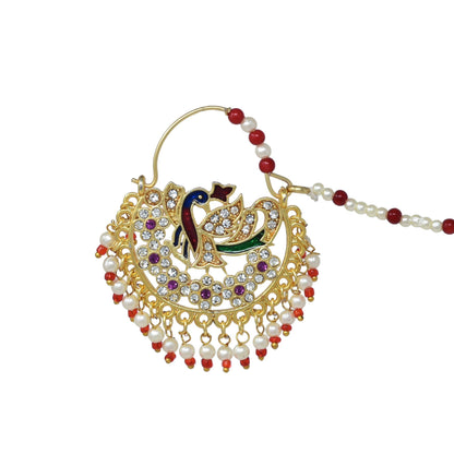 American Diamond studded peacock design Golden Ethnic Nath for Women