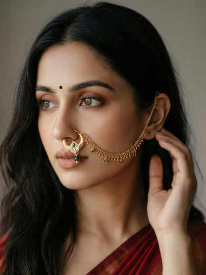 Traditional Bridal Nath with Chain for Women, Nose Ring with Green Stone, Kundan & Bead Drop, Ethnic Maharashtrian Style Nose Accessory for Wedding, Festive, Party & Cultural Jewellery
