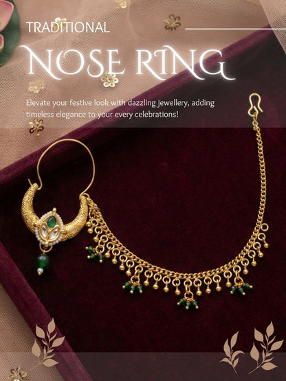 Traditional Bridal Nath with Chain for Women, Nose Ring with Green Stone, Kundan & Bead Drop, Ethnic Maharashtrian Style Nose Accessory for Wedding, Festive, Party & Cultural Jewellery