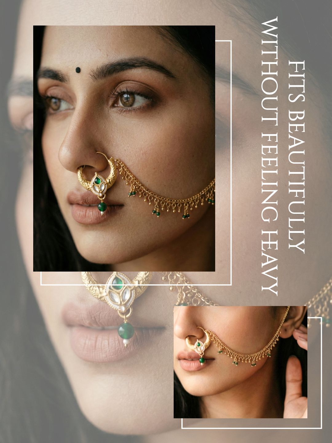 Traditional Bridal Nath with Chain for Women, Nose Ring with Green Stone, Kundan & Bead Drop, Ethnic Maharashtrian Style Nose Accessory for Wedding, Festive, Party & Cultural Jewellery