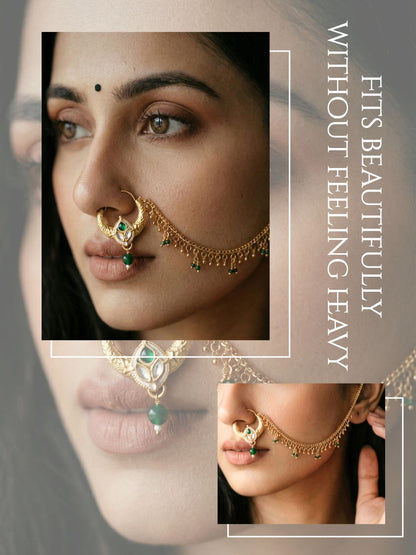 Traditional Bridal Nath with Chain for Women, Nose Ring with Green Stone, Kundan & Bead Drop, Ethnic Maharashtrian Style Nose Accessory for Wedding, Festive, Party & Cultural Jewellery