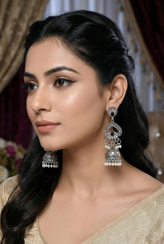Partywear-earrings,chandeliar,partywear,Kashmiri earringOXOJMK-JRV-3STP-LOTUS-BLK