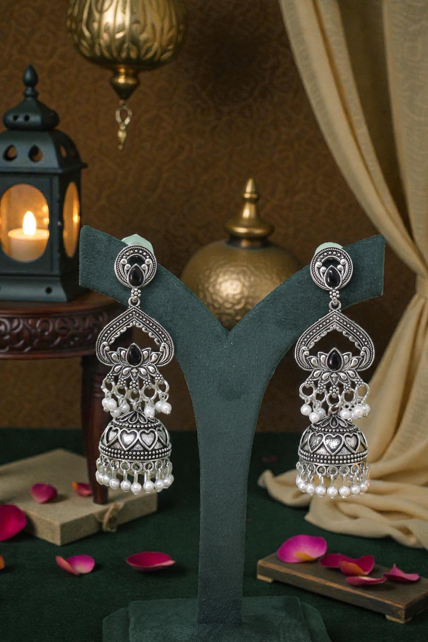 Partywear-earrings,chandeliar,partywear,Kashmiri earringOXOJMK-JRV-3STP-LOTUS-BLK