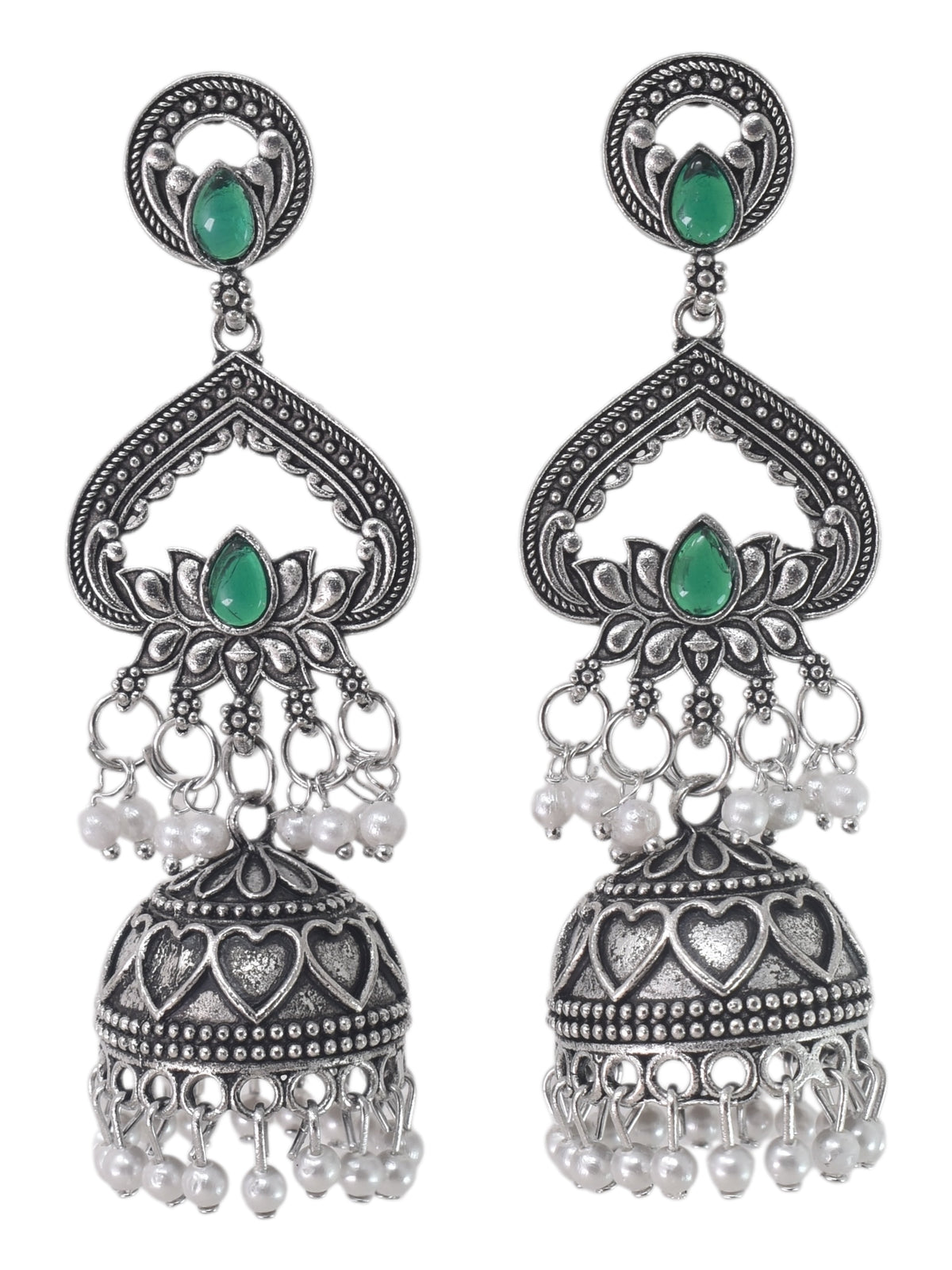 Silver Plated, Stylish Oxidised Lotus Motif Jhumka Earrings for Women and Girls, Traditional Ethnic Pearl Drop Wedding Festive Party Jewellery, Traditional Floral Design Green Coloured Ethnic Earring
