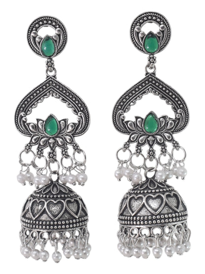 Silver Plated, Stylish Oxidised Lotus Motif Jhumka Earrings for Women and Girls, Traditional Ethnic Pearl Drop Wedding Festive Party Jewellery, Traditional Floral Design Green Coloured Ethnic Earring