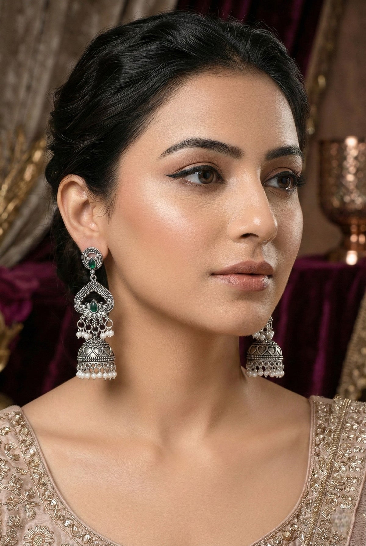 Silver Plated, Stylish Oxidised Lotus Motif Jhumka Earrings for Women and Girls, Traditional Ethnic Pearl Drop Wedding Festive Party Jewellery, Traditional Floral Design Green Coloured Ethnic Earring