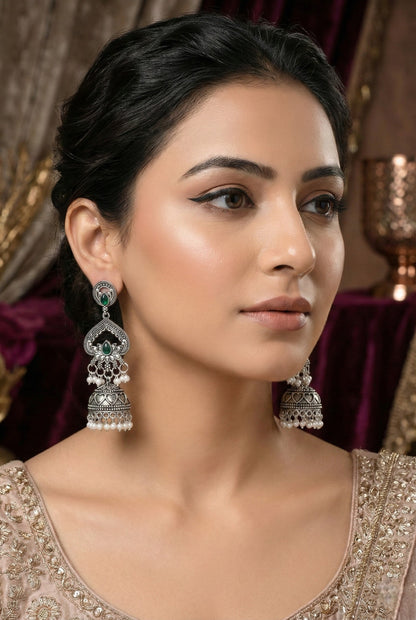 Silver Plated, Stylish Oxidised Lotus Motif Jhumka Earrings for Women and Girls, Traditional Ethnic Pearl Drop Wedding Festive Party Jewellery, Traditional Floral Design Green Coloured Ethnic Earring