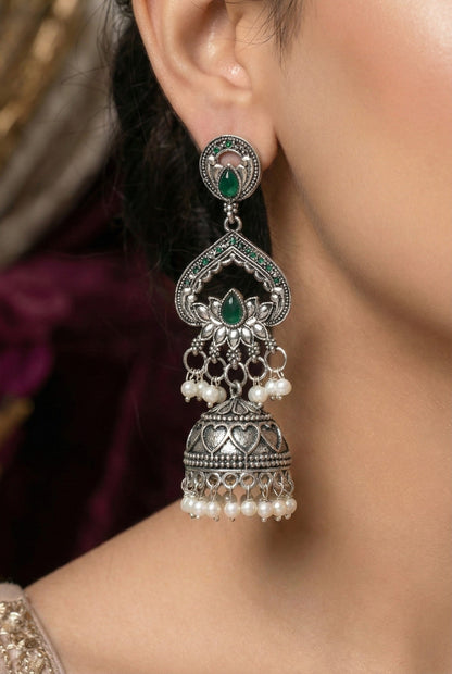 Partywear-earrings,chandeliar,partywear,Kashmiri earringOXOJMK-JRV-3STP-LOTUS-GRN