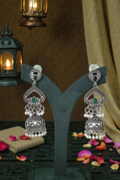 Silver Plated, Stylish Oxidised Lotus Motif Jhumka Earrings for Women and Girls, Traditional Ethnic Pearl Drop Wedding Festive Party Jewellery, Traditional Floral Design Green Coloured Ethnic Earring