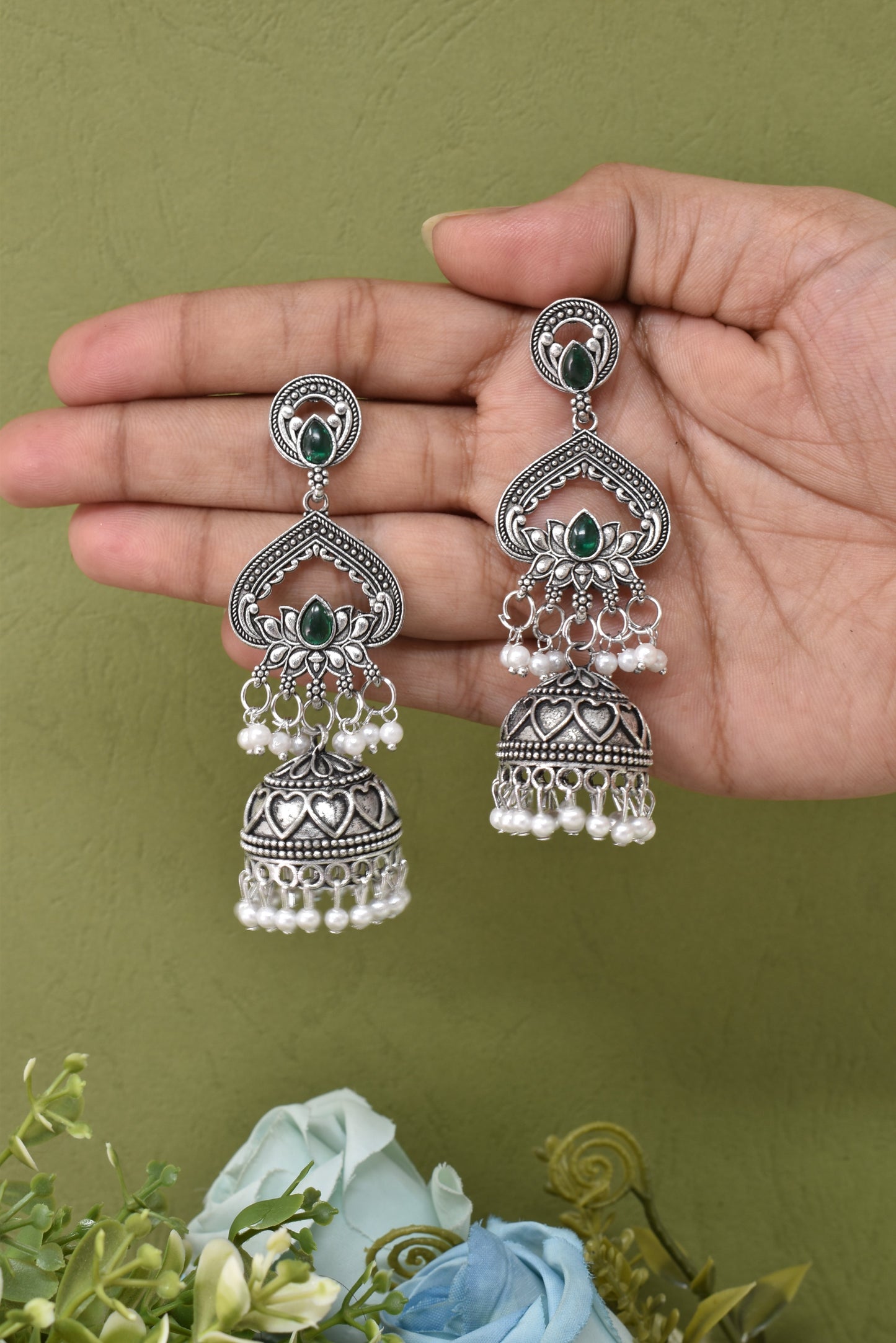 Partywear-earrings,chandeliar,partywear,Kashmiri earringOXOJMK-JRV-3STP-LOTUS-GRN