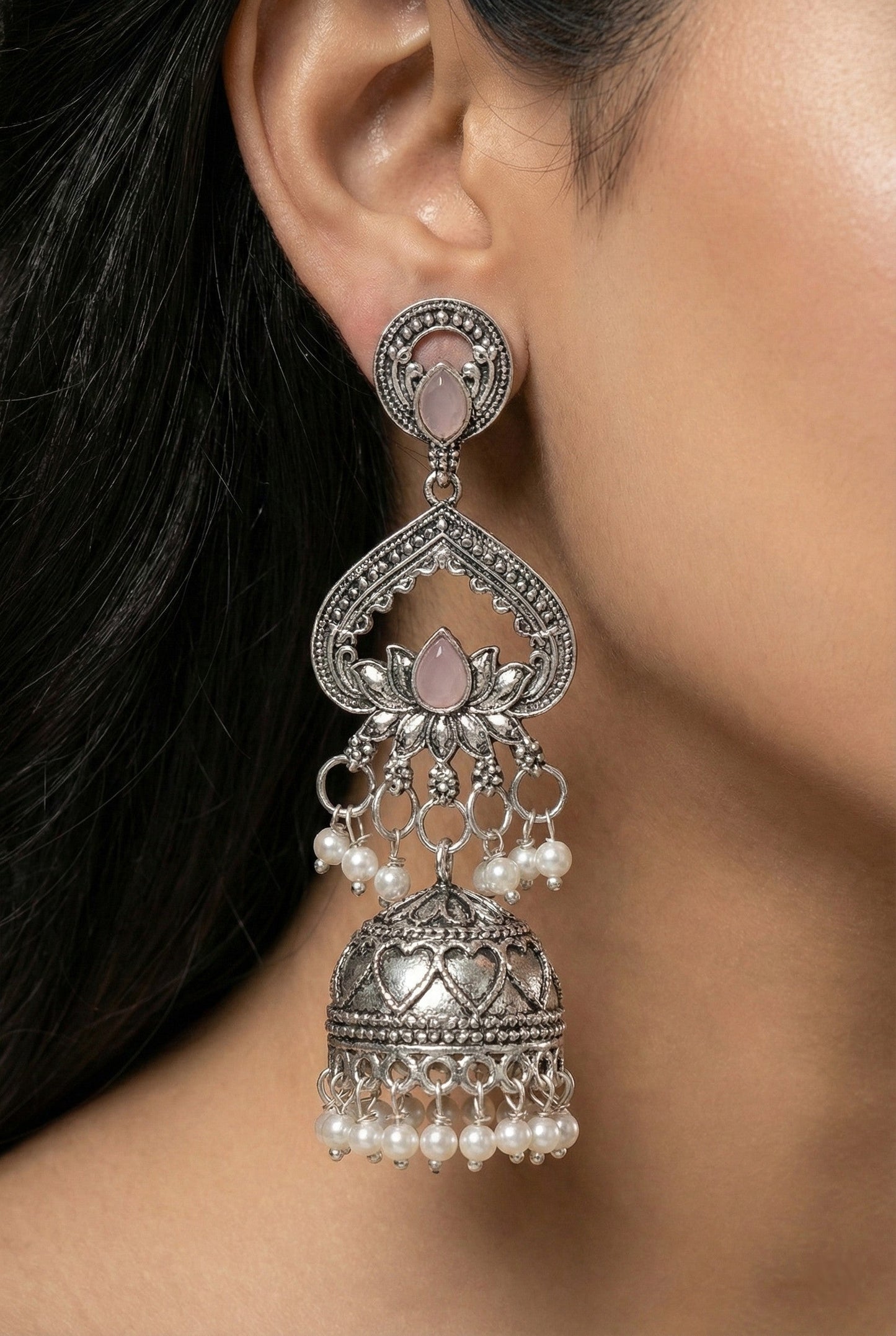 Partywear-earrings,chandeliar,partywear,Kashmiri earring,JHUMAR-OXOJMK-JRV-3STP-LOTUS-LVDR