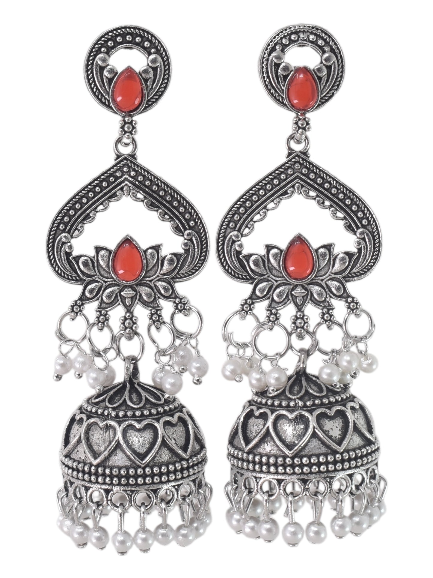 Partywear-earrings,chandeliar,partywear,Kashmiri earring,JHUMAR-OXOJMK-JRV-3STP-LOTUS-RED